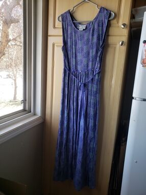 Vintage Pudding Shop Sleeveless Purple Floral Maxi Dress with Waist Tie by Belt